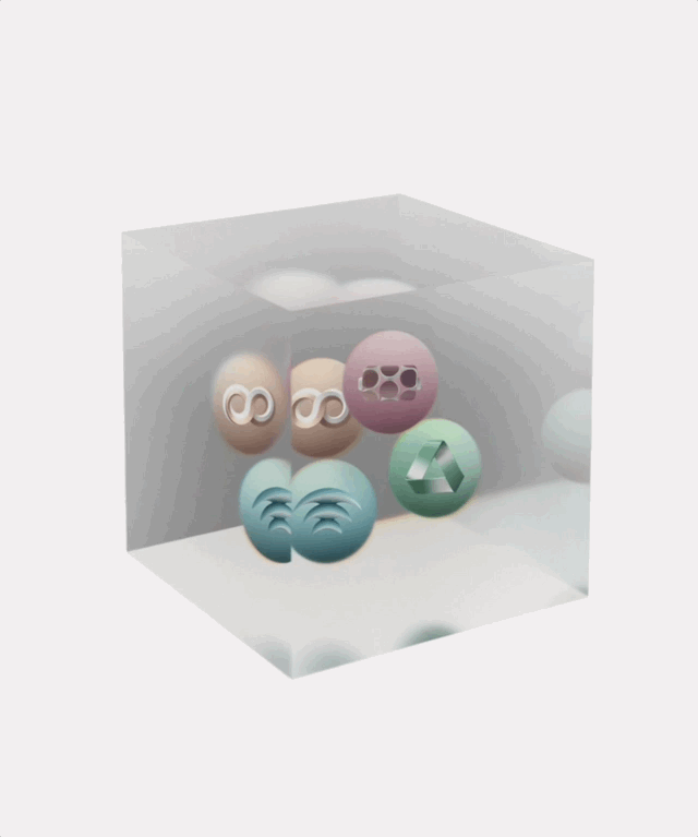 The five platform marks suspended as particles in a cube